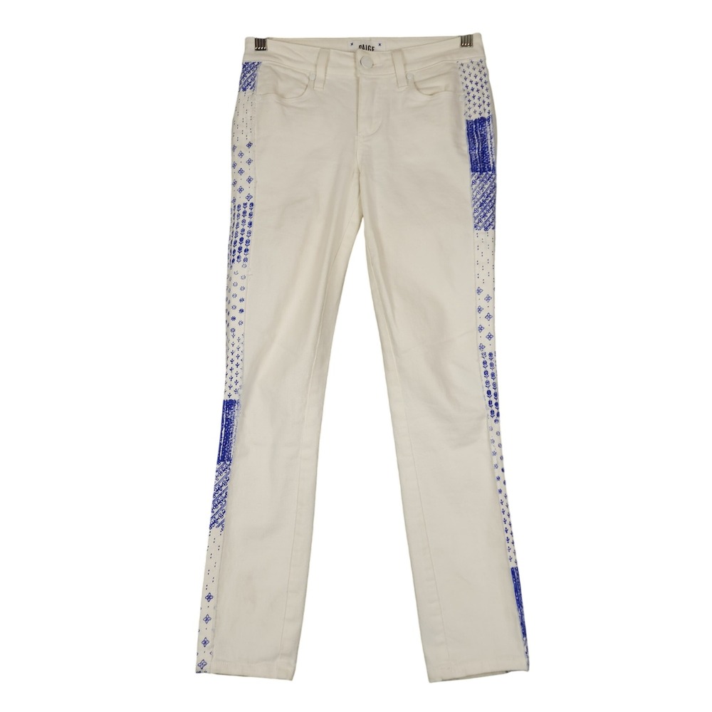 PAIGE Verdugo Ultra Skinny‎ Cream Jeans Blue Patchwork Embellishment Size 25